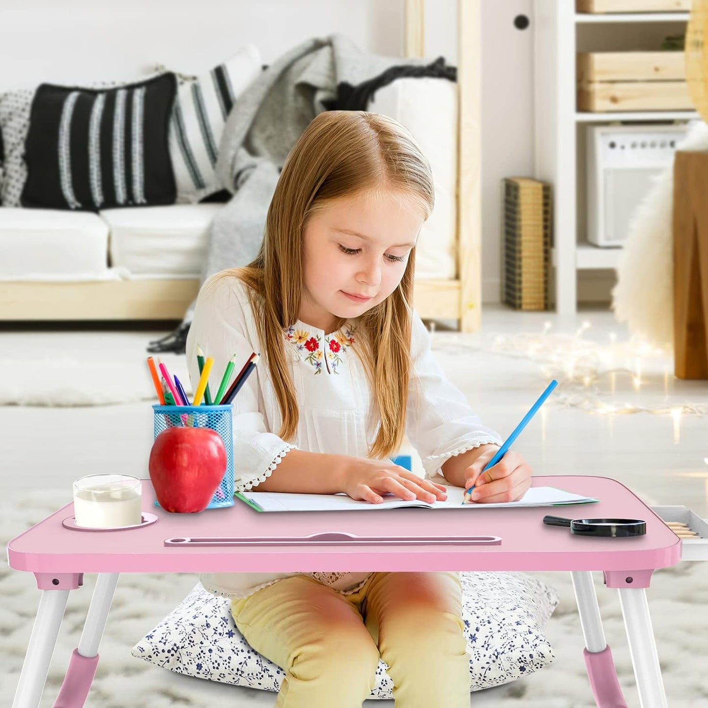 Zapuno Multi-Function Laptop Bed Table with Storage Drawer and Cup Holder, Lap Desk Stand Tray for Eating, Reading and Working
