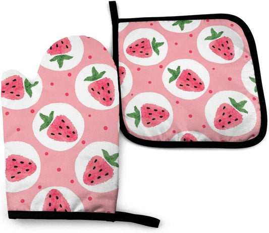 Pink Strawberry Oven Mitts and Pot Holders Sets Heat Resistant Cute Oven Gloves with Non-Slip Surface for Safe BBQ Cooking Baking Grilling Set of 2