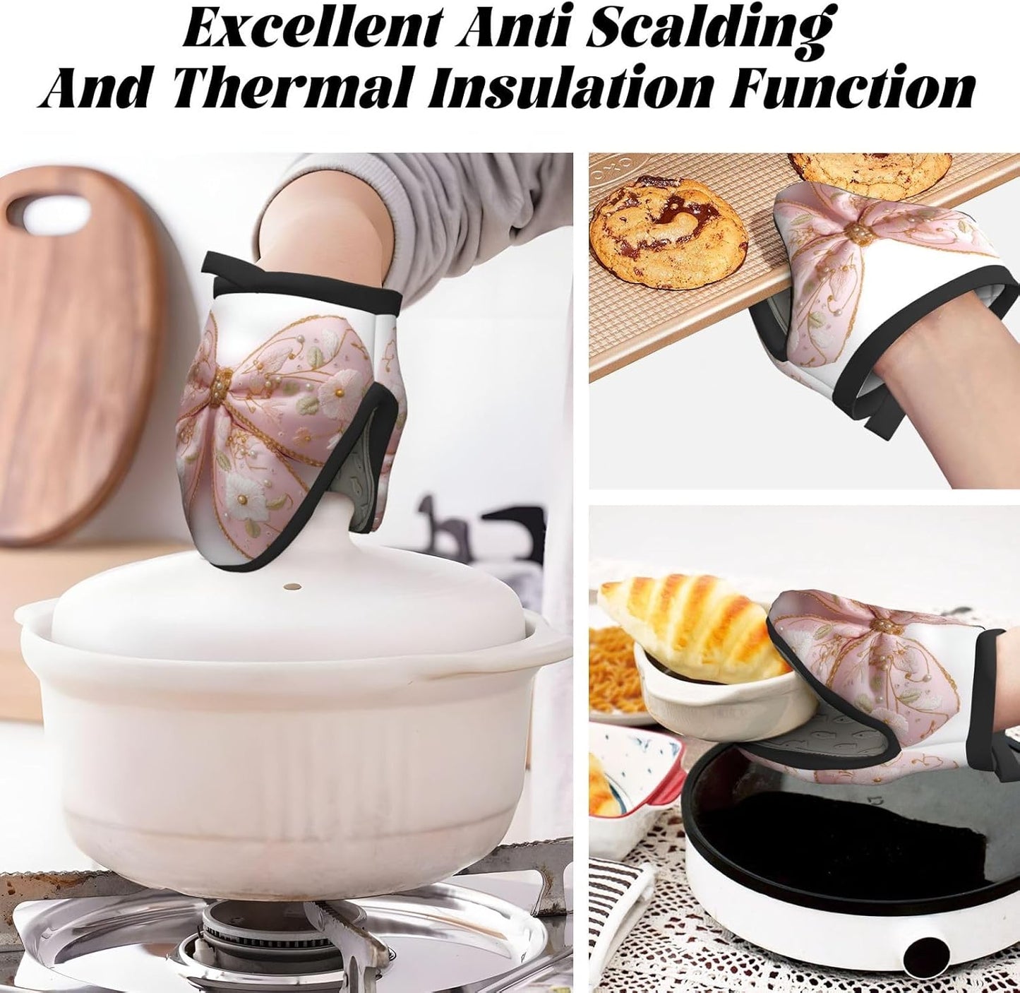 Light Pastel Pink Bow Balloon Embroidered Floral Mini Silicone Oven Mitts Heat and Slip Resistant Kitchen Mittens,Short Oven Gloves for Safe Cooking Baking & Grill,5.9"X5.9"