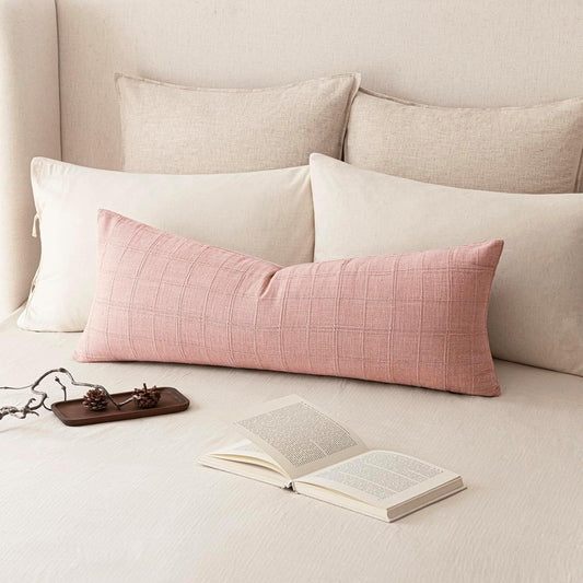Foindtower Set of 1 Decorative Linen Check Throw Pillow Cover Neutral Long Body Lumbar Cushion Cover Farmhouse Vintage Home Decor for Sofa Chair Couch Bedroom Living Room,14×36 Inch,Light Pink