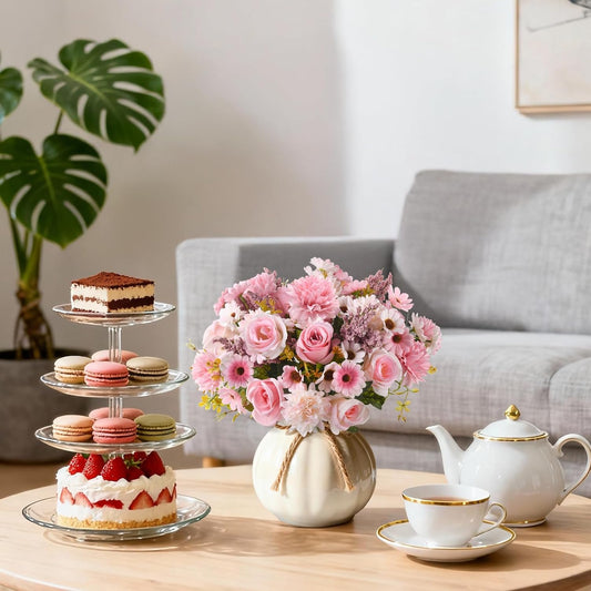 Artificial Fake Flowers for Spring Decoration, 4 Pcs Faux Silk Flower Arrangements Centerpiece for table with Chrysanthemum Rose Daisy Floral Bouquets Office Wedding Patio Porch Indoor Home Decor