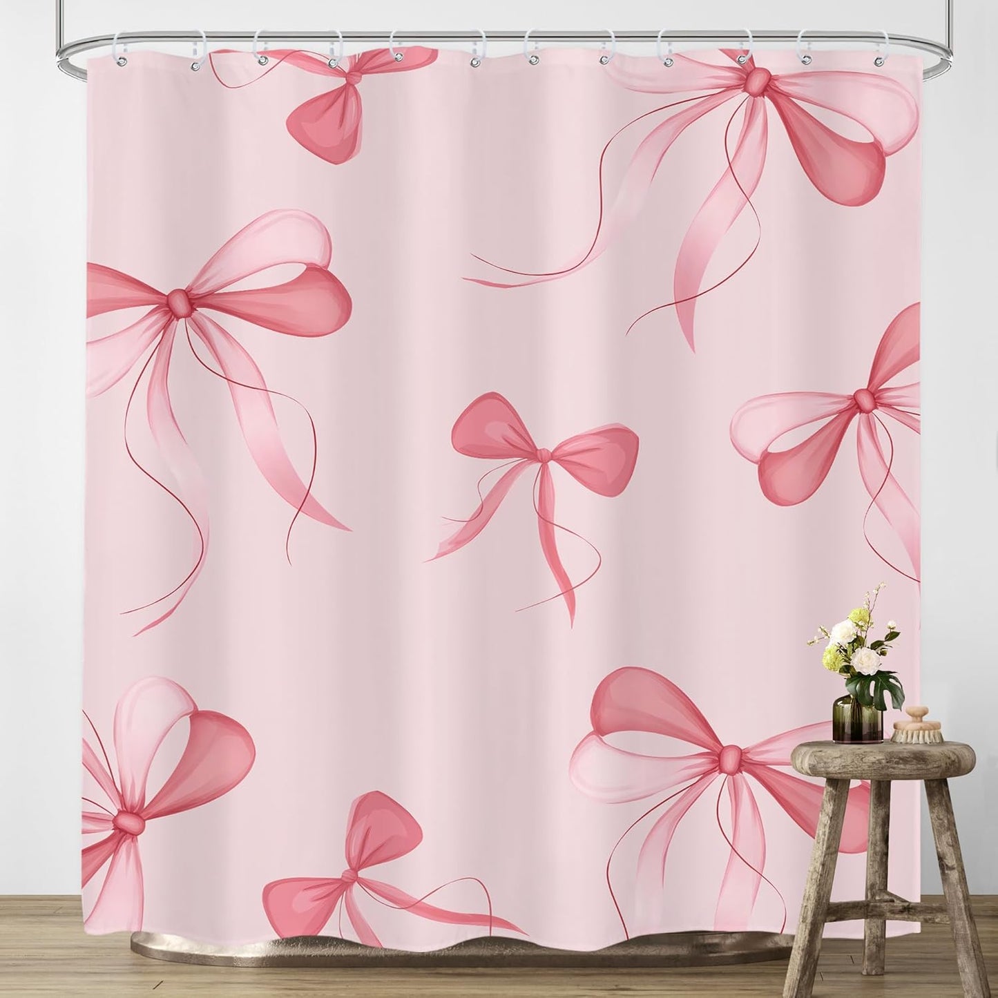 Pink Bow Shower Curtain 72Wx72H Inches, Modern Cute Girly Shower Curtains for Bathroom, Coquette Preppy Aestheic for Teen Girl Bathroom Decor Polyester Waterproof 12 Hooks