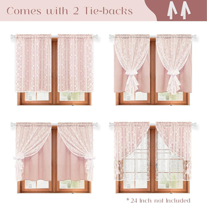 ASPMIZ Linen Pink Kitchen Tier Curtains 36 Inch Length, Double Layered Kitchen Curtain with Linen and Lace, Rod Pocket Window Curtains with Tiebacks, Boho Window Treatments for Bathroom Cafe, 2 Panel