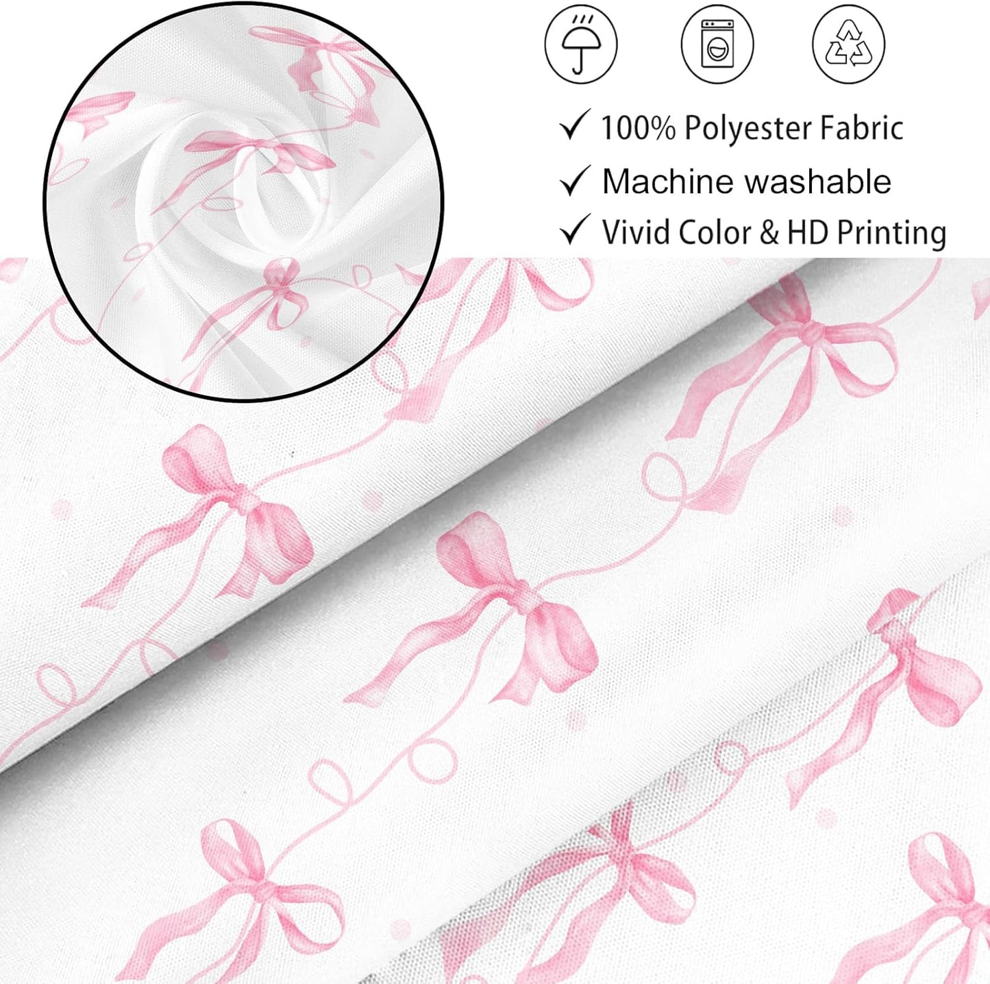 Pink Bow Shower Curtain, Girly Cute Coquette Preppy Aesthetic for Teens Girls Bathroom Decor Curtains with 12 Hooks, 72x72 inches