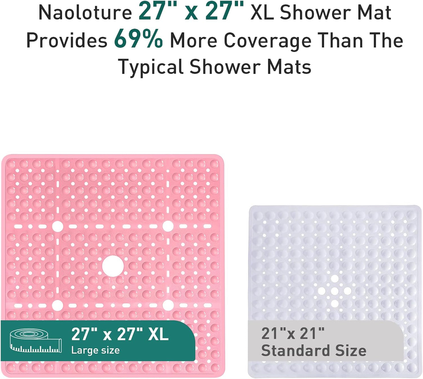 Large Square Shower Mat 27 x 27 Inch Pink, Non Slip Shower Bathtub Mats for Inside Shower with Big Suction Cups Drain Holes, Anti Slip Bathroom Floor Shower Stall Mats, Easy Clean, BPA-Free