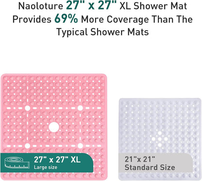 Large Square Shower Mat 27 x 27 Inch Pink, Non Slip Shower Bathtub Mats for Inside Shower with Big Suction Cups Drain Holes, Anti Slip Bathroom Floor Shower Stall Mats, Easy Clean, BPA-Free