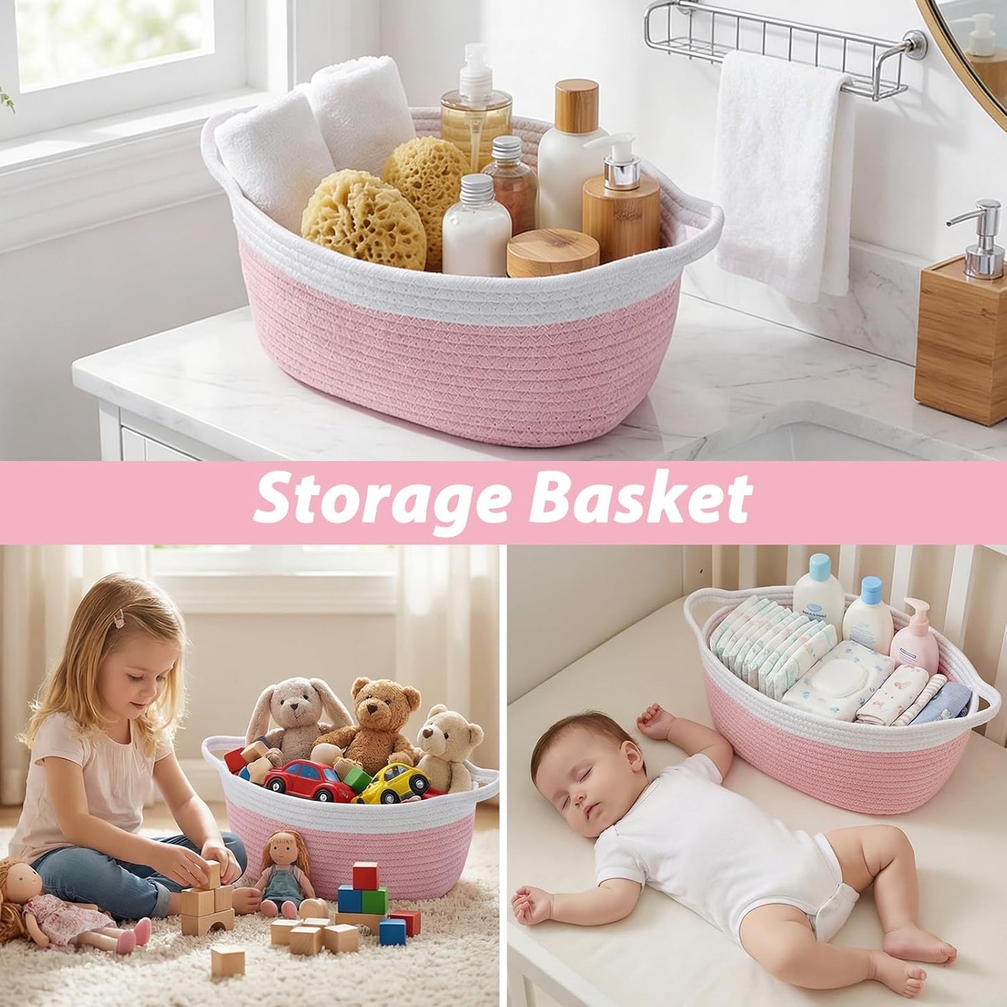 woric Baby Gifts Basket Woven Basket Rope Baskets for Wedding Gifts Empty Baby Shower Toy Storage Girls Birthday Graduation Decor (Pink 12"X 8" X 5" with Gift Bag Card Ribbon Tissue Paper)