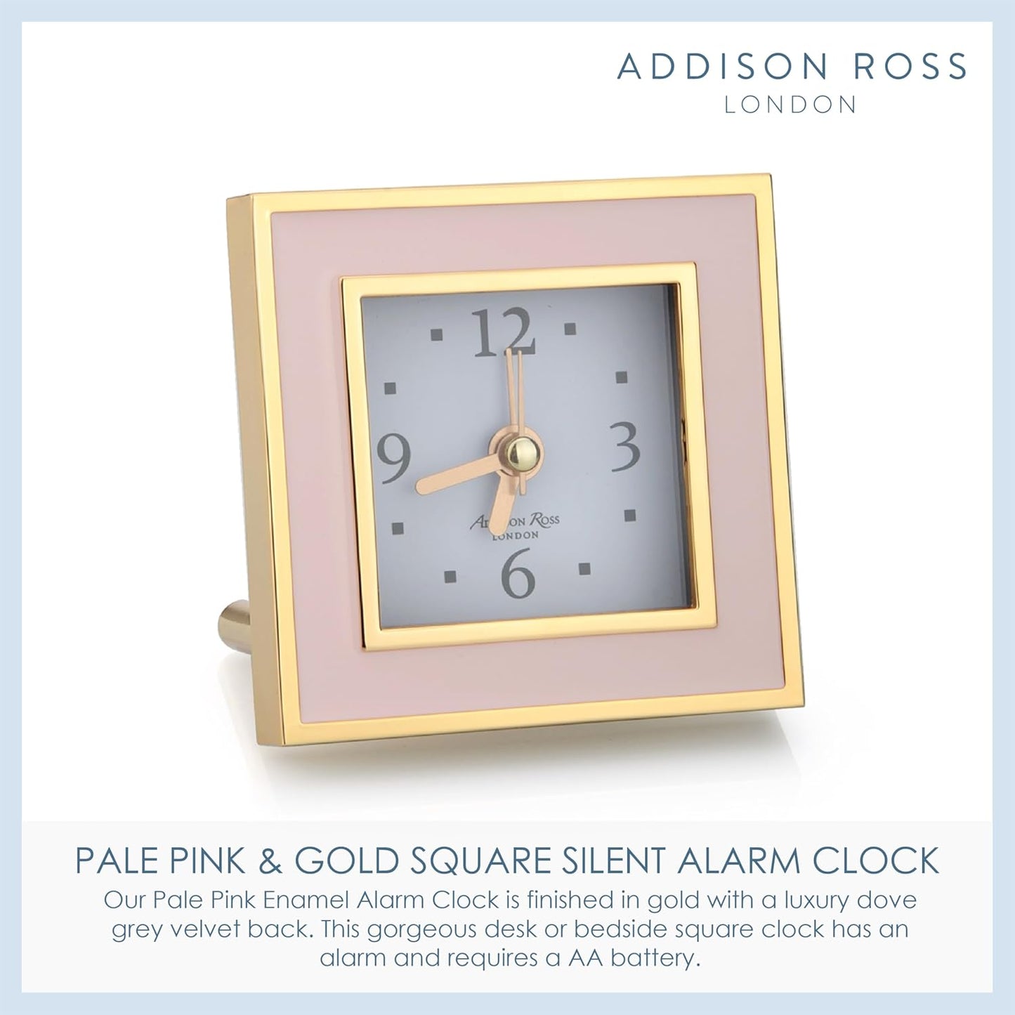 Addison Ross Battery Alarm Clock – Silent Sweep – Compact & Stylish – Alarm Clock Bedside – Velvet-Backed Design/Home & Office Decor – Pale Pink & Gold