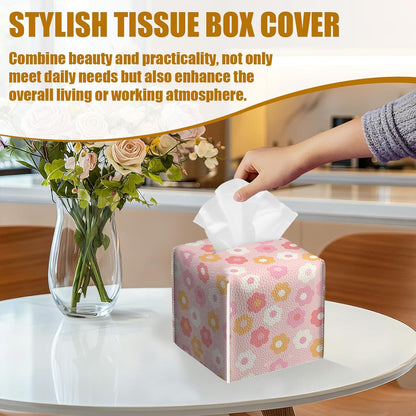 Retro Pink Flower Tissue Box Cover 2PCS, Leather Tissue Box Holder Square Facial Paper Case Tissue Box Cube Organizer for Bathroom Bedroom Desk Office