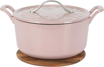 Bloomhouse 7 Qt Cast Iron Dutch Oven W/Embossed Lid, European Enamel, & Walnut Wood Trivet - Orchid Pink