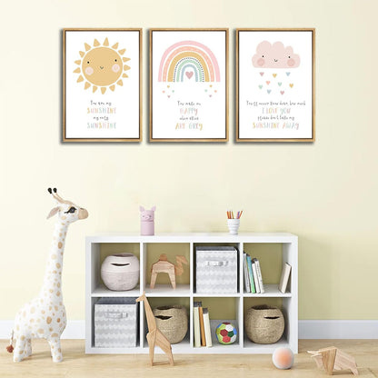 3pcs Pink Nursery Canvas Wall Art Cute Sun Rainbowdark Clouds Posters Prints Kids Bedroom Baby Girls Toddler Pastel Wall Decor Pictures for Classroom School Nursery Decoration Unframed