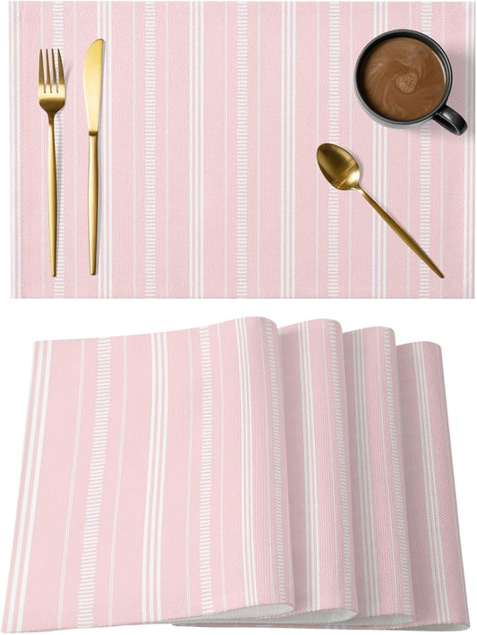Boho Pink Placemats Set of 6, Cotton Linen Fabric Place Mats, Minimalist Farmhouse Striped Washable Decorative Table Mats Protector for Home Kitchen Dining Wedding Party Coffee Tables