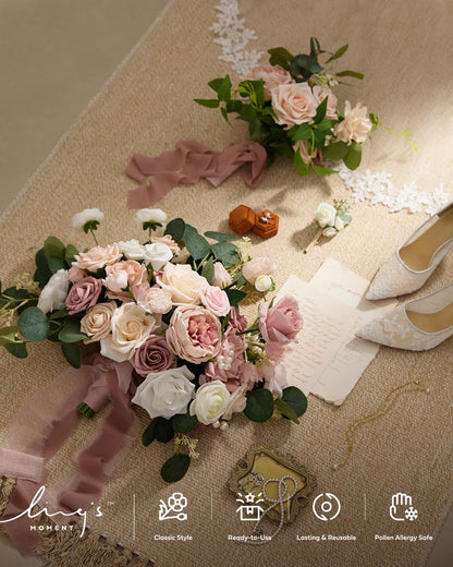 Ling's moment Fake Flowers Box, Faux Artificial Greenery Stems Foam Roses Gardenia Silk Ranunculus Peony Fabic Flower for Centerpieces Bouquet Wedding Vase, Dusty Rose & Pale Peach, Grand Combo