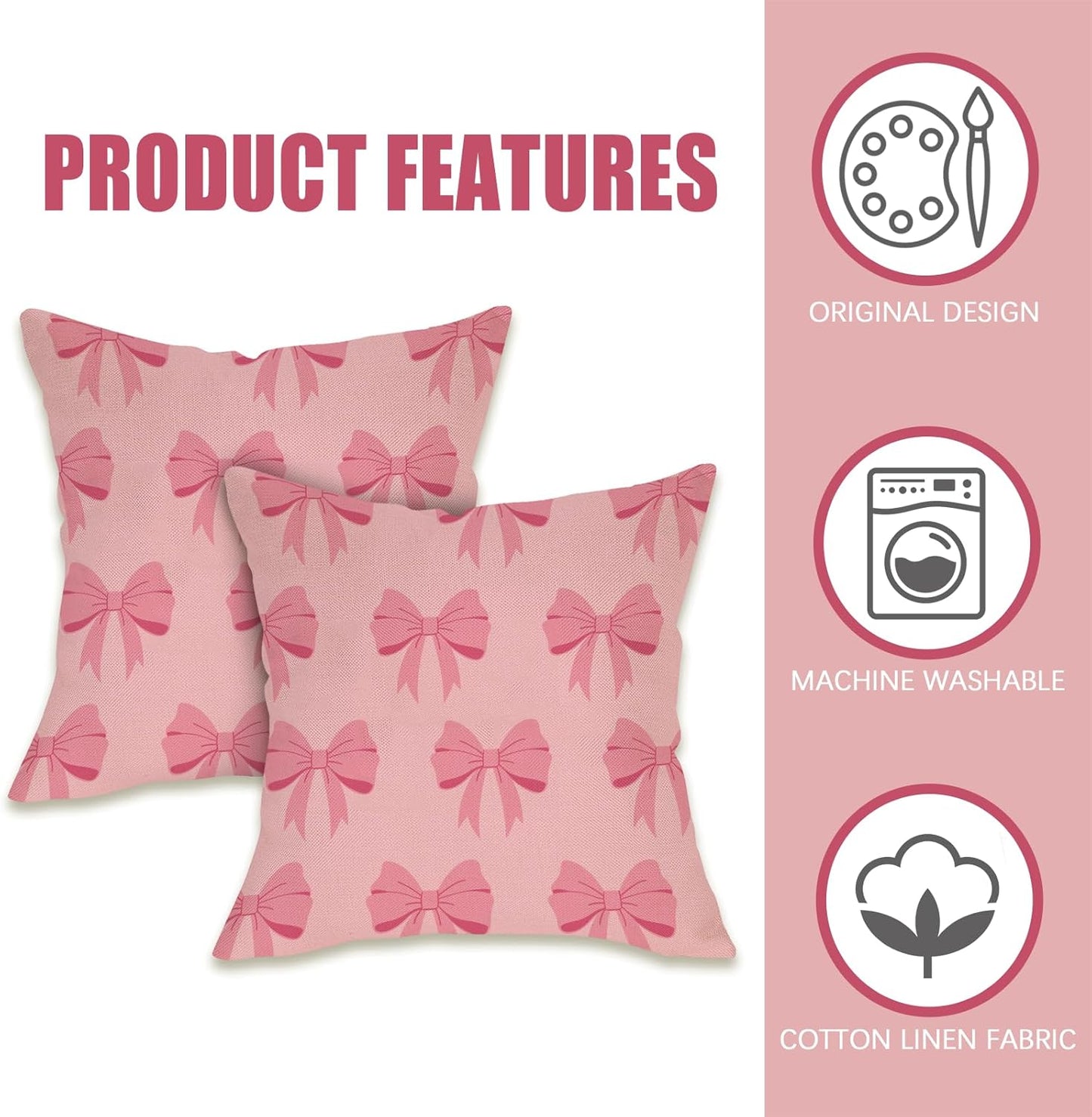 Fahrendom Pink Bow Decorative Throw Pillow Covers 18 x 18 Set of 2, Coquette Ribbon Preppy Porch Patio Outdoor Pillowcase, Aesthetic Girly Bedroom Sofa Couch Cushion Case Home Decor
