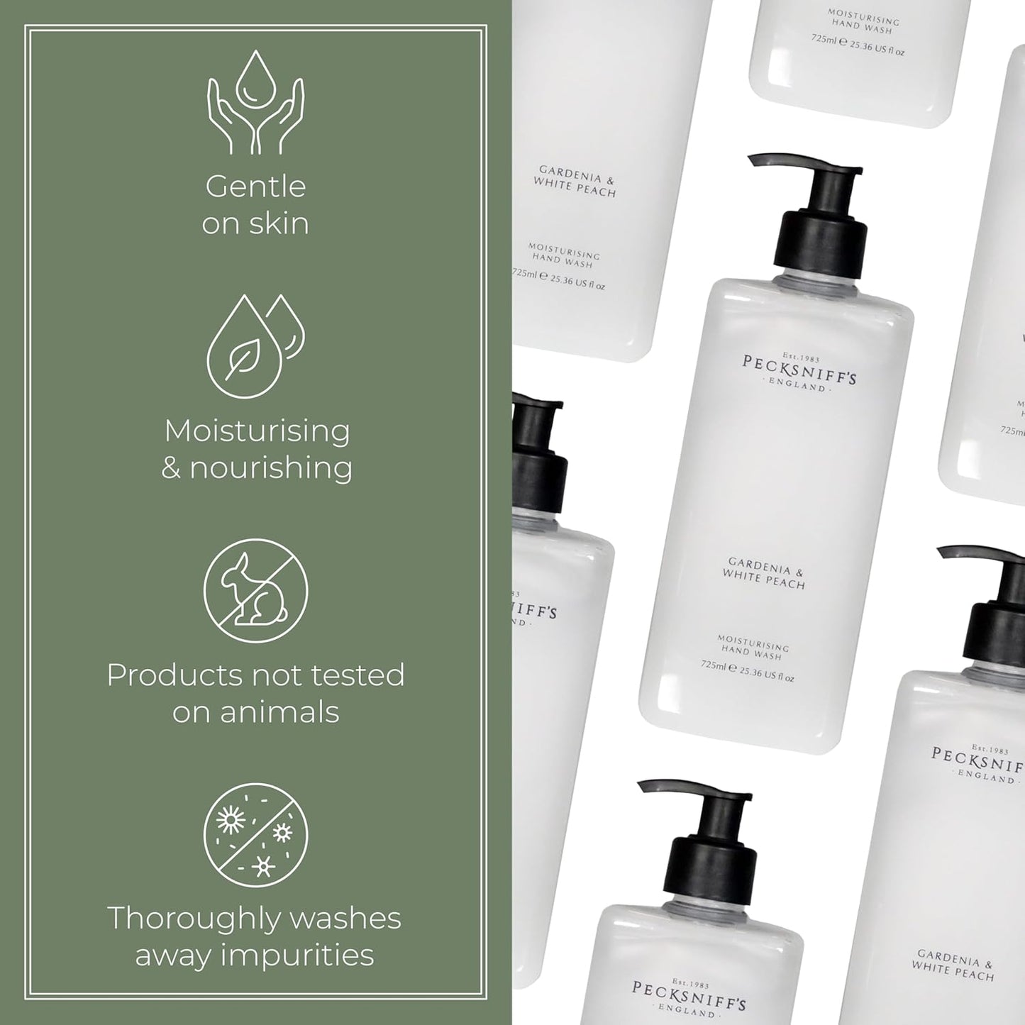 Pecksniff's Gardenia & White Peach Hand Wash – Luxury Liquid Hand Soap 725 ml/24.52 fl oz, Softening, Hydrating, Revitalising, Cruelty-Free, Made in England