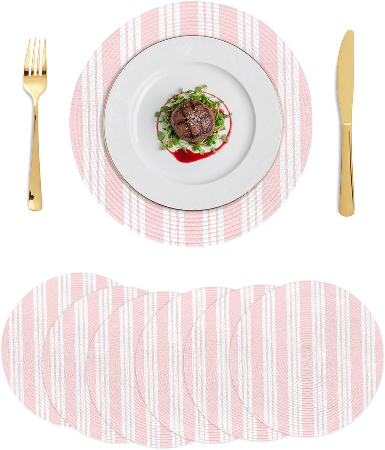Round 13'' Placemats Set of 6, Striped Pink HeatResistant Polypropylene Placemats, Farmhouse Line Stripes Classic Washable Woven Braided Place Mats for Dining Table, Non Slip Kitchen Table Decor