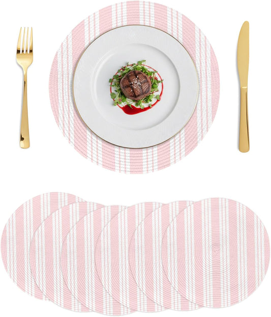 Round 13'' Placemats Set of 6, Striped Pink HeatResistant Polypropylene Placemats, Farmhouse Line Stripes Classic Washable Woven Braided Place Mats for Dining Table, Non Slip Kitchen Table Decor