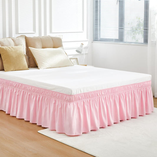 RIMELA Pink Bed Skirt Queen Size 15 Inch Drop, Wrap Around Elastic Bedskirt, Dust Ruffle for Adjustable Bed Base Machine Washable Easy to Install Bed Skirts