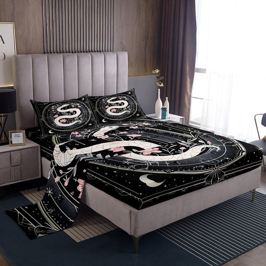 Castle Fairy White Snake Sheet Set,Kids Pink Peach Blossom Bed Sheets Set,Boho Sun Moon Bedding Set for Boys Teens Sheets Soft Room Decor Twin Size(1 Flat Sheet+1 Fitted Sheet+1 Pillowcase)