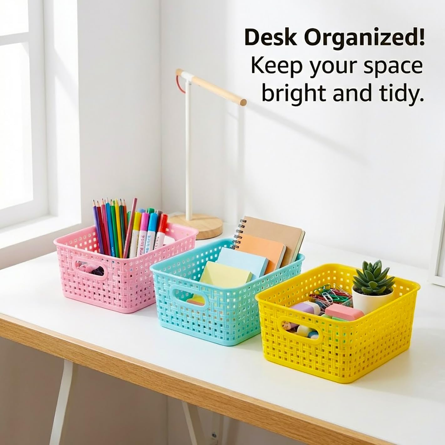 Colorful Small Plastic Storage Woven Baskets, 6 Pack Versatile Shelf Organizer Weave Baskets for Classrooms, Children's Rooms & Pantries, Pink/Yellow/Blue-10x7.5x4 inch