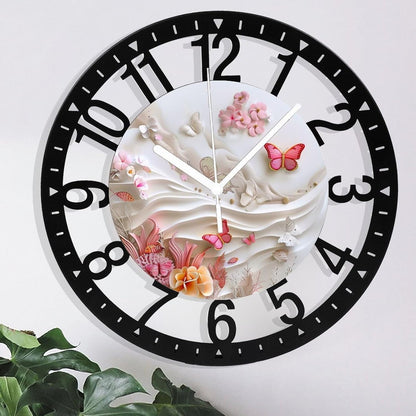 Metal Wall Clock for Living Room -10" Pink Butterflies and Fish in Coral Garden Silent Non Ticking,Battery Operated, Antique Clocks for Farmhouse,Bedroom,Kitchen - Arabic Numerals