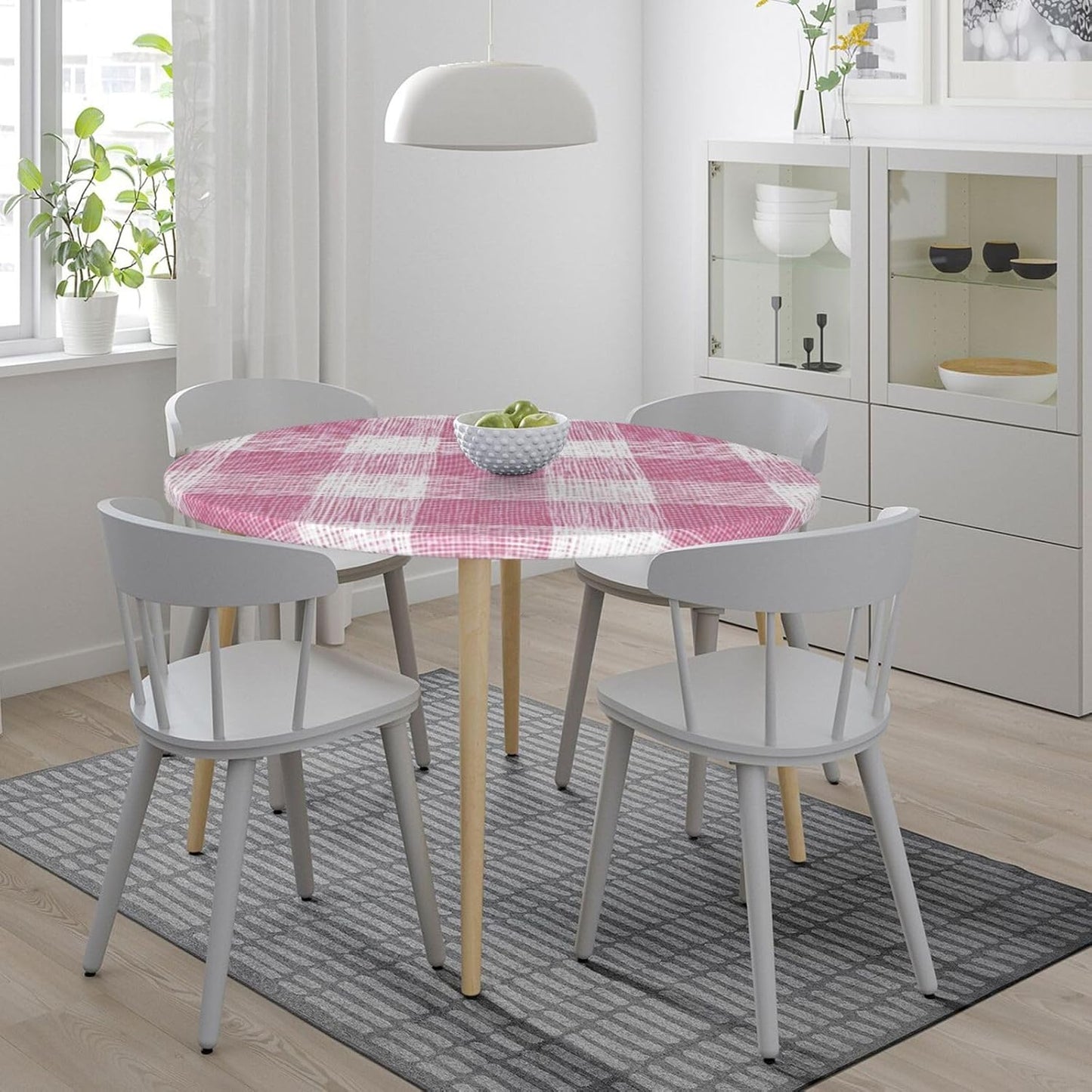 Hand-Drawn Soft Pink and White Check Pattern Round Tablecloth Fitted Table Cover Washable Tablecloths for Kitchen Dining Party 40-44 Inch