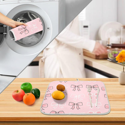 Watercolor Bows Pink Dish Drying Mat for Kitchen Counter Absorbent Microfiber Small Drying Pad Dish mats for Kitchen Countertops 16 x 18 Inch