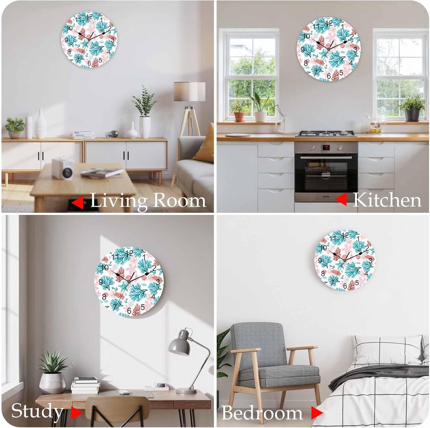 Wall Clock Ocean Coral Shell Clocks PVC Silent Non-Ticking Battery Operated Decorative Turquoise Pink Starfish Anchor Round Clock for Home Living Room Kitchen Bedroom Office School Wall Decor 10 Inch