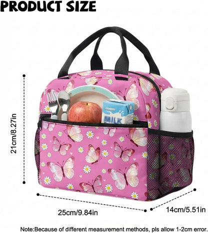 COEQINE Customized Backpack for Kids Girls School with Lunch Box Preschool Butterfly Pink Floral Girls Bookbag Ages 4-6-8-10 Kindergarten with Water Bottle Side Pocket Diaper Bag Backpack,13 In