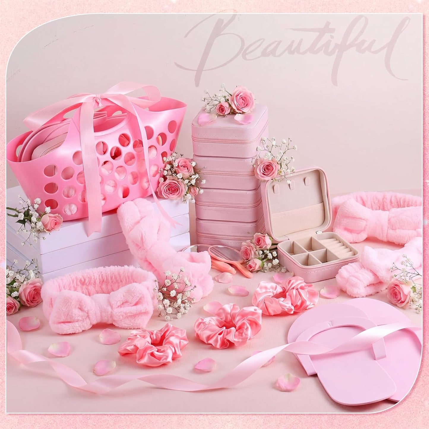 SiliFine 36 Pcs/ 6 Set Spa Sleepover Pink Party Favors Supplies for Girls Kit, Includes Storage Basket, Disposable Slipper, Mirror, Hair Tie, Headband, Jewelry Box, Ribbon for Birthday Graduation Gift