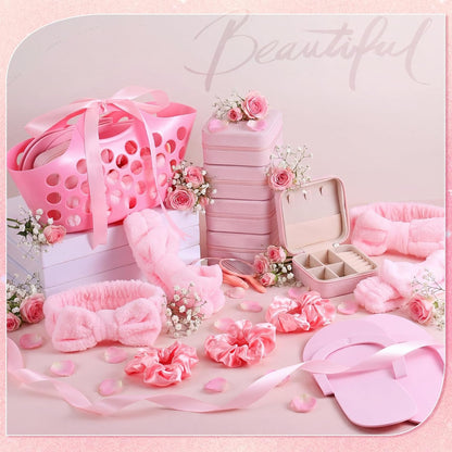 SiliFine 36 Pcs/ 6 Set Spa Sleepover Pink Party Favors Supplies for Girls Kit, Includes Storage Basket, Disposable Slipper, Mirror, Hair Tie, Headband, Jewelry Box, Ribbon for Birthday Graduation Gift