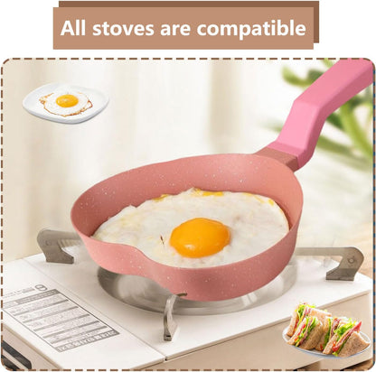 Mini Nonstick Egg Pan, Small Frying Pan with Unique Heart-shaped, One Egg Frying Pan with Granite Coating, Multi-functional Frying Pan for Cooking Eggs, Pancake, Sausages and Burgers, Pink