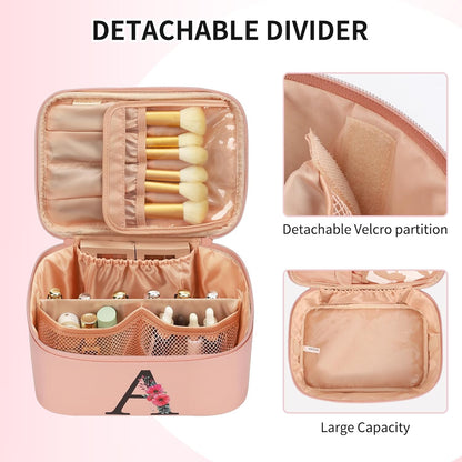 OCHEAL Initial Makeup Bag,Monogram Make up Bag Pink Travel Makeup Organizer Case Beauty Toiletry Cosmetic Bag with Brush Holder, Trendy Stuff Personalized Gifts for Women and Girls-A