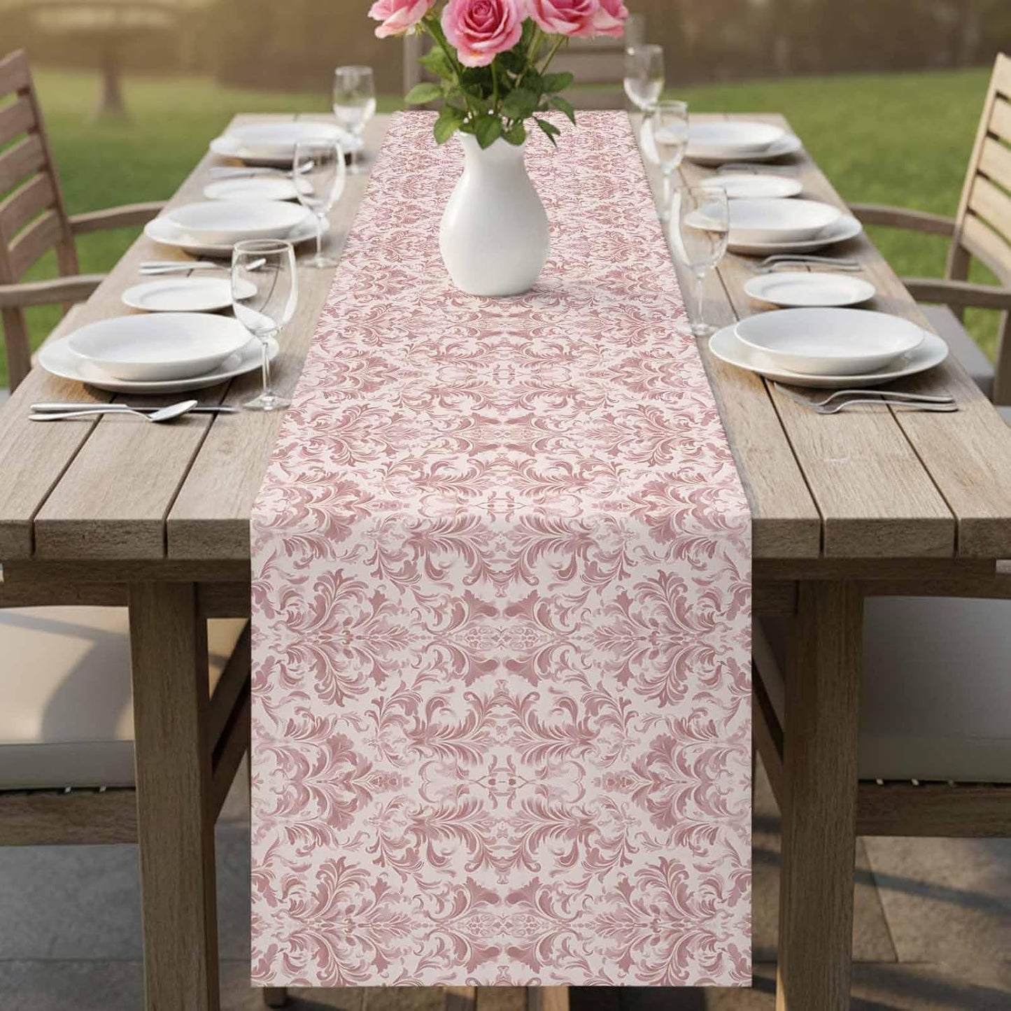 Pink Baroque Cotton Linen Table Runner for Dining Kitchen, Farmhouse Scroll Floral Damask Patterned Wedding Outdoor Party Tablerunners Decoration, Dresser Scarf Coffee Tablecloth Runners 13x72 Inches