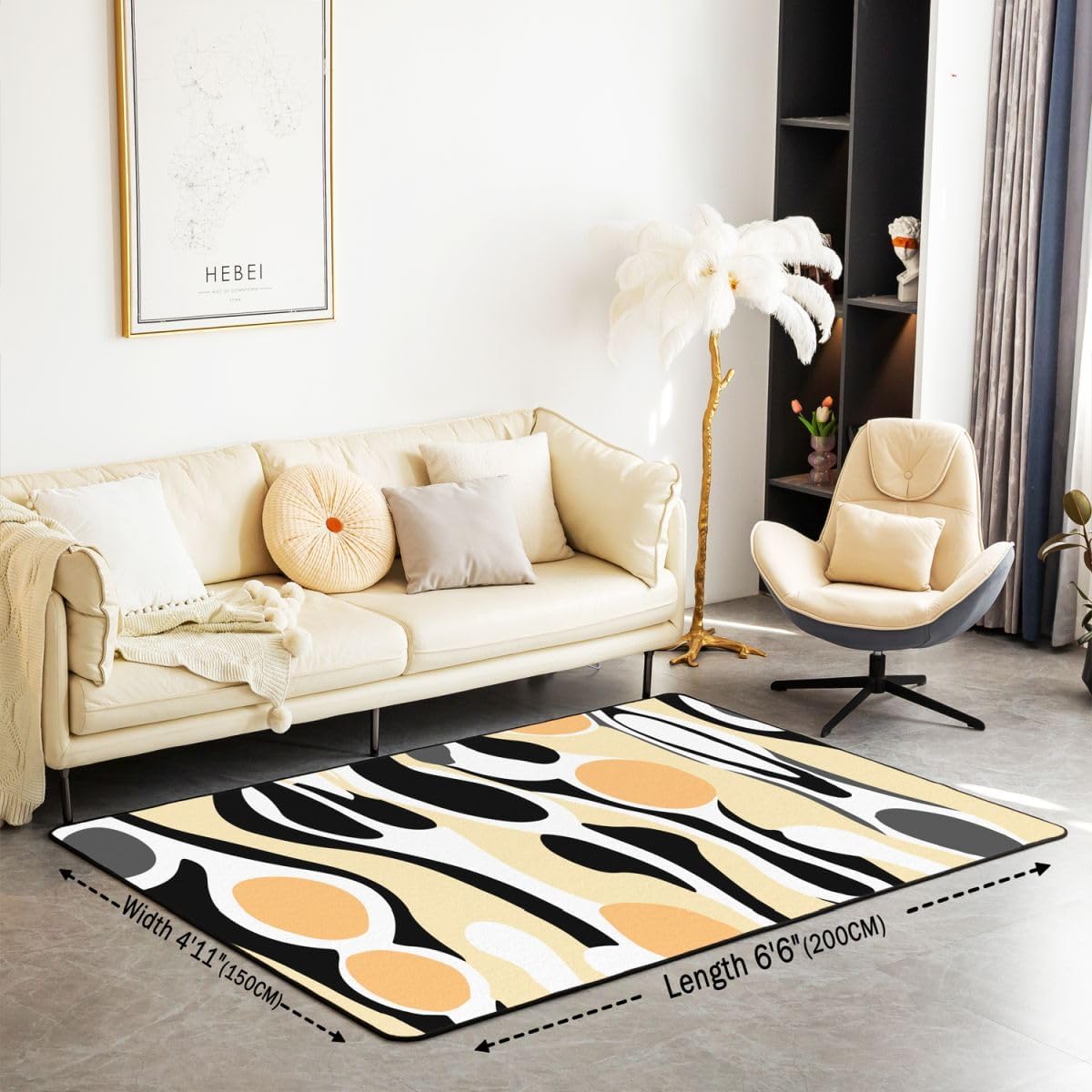 Organic Abstract 3 x 5 Area Rug Modern Contemporary Rugs for Living Room Boho Mid Century Wavy Lines Washable Rug, Retro Geometric Low Pile Carpet Indoor Floor Mat,Light Beige Peach