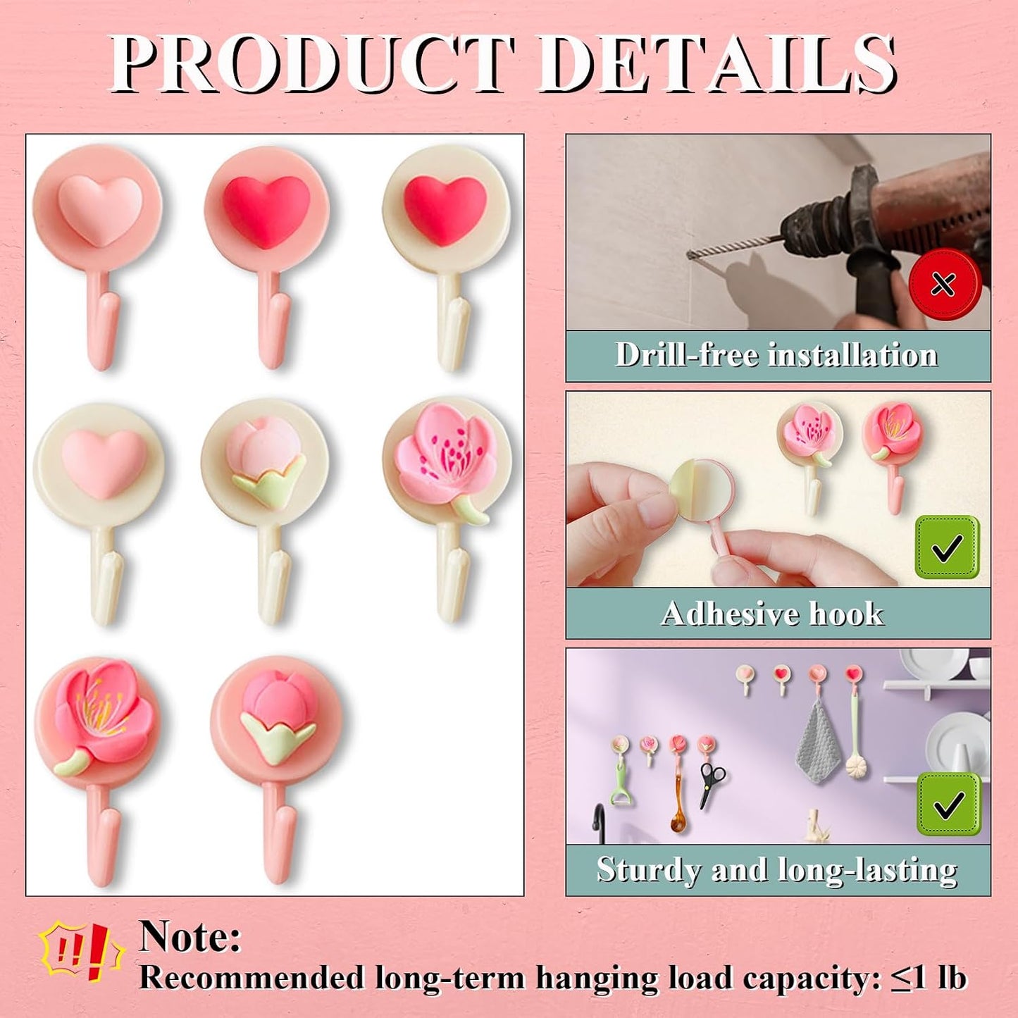 8 Pcs Cute Wall Hooks, Include 4 Pcs Flower Wall Hook, 4 Pcs Heart Hooks, Pink Wall Hooks for Hanging Lightweight Items, Small Adhesive Hook for Home, Kitchen, Bathroom, Bedroom and Office