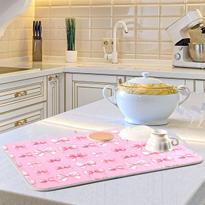 Dish Drying Mat for Kitchen Counter Cute Light Pink Ribbon Bows Absorbent Drying Dish Mat 16×18 inch Dish Rack Pad Coffee Mat for Sink Dishes Under Rack