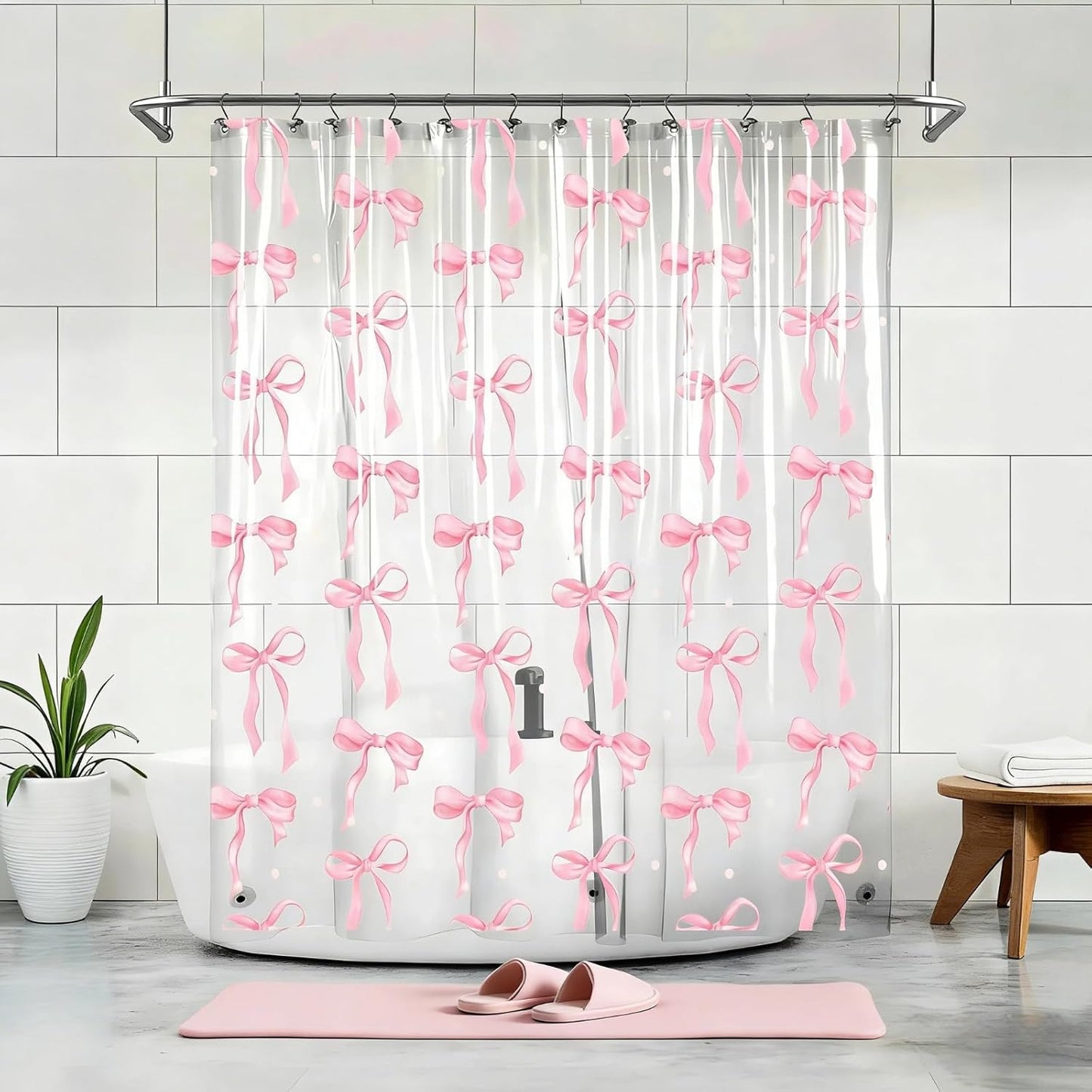 Clear Cute Pink Bow Shower Curtain Liner, Coquette Girly Preppy Pink Bow Bathroom Decor, 72x72 Inch Plastic Waterproof Transparent Aesthetic Pretty Girls Shower Curtain Set with Hooks Weighted Magnets