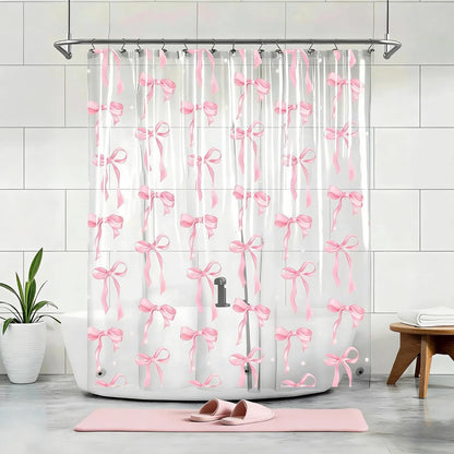 Clear Cute Pink Bow Shower Curtain Liner, Coquette Girly Preppy Pink Bow Bathroom Decor, 72x72 Inch Plastic Waterproof Transparent Aesthetic Pretty Girls Shower Curtain Set with Hooks Weighted Magnets