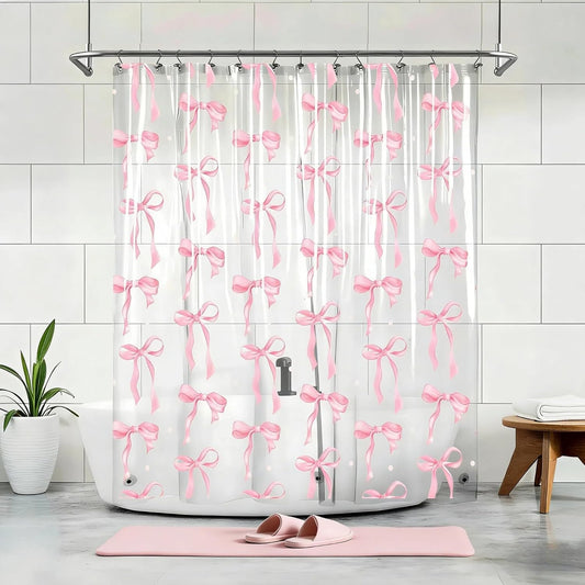 Clear Cute Pink Bow Shower Curtain Liner, Coquette Girly Preppy Pink Bow Bathroom Decor, 72x72 Inch Plastic Waterproof Transparent Aesthetic Pretty Girls Shower Curtain Set with Hooks Weighted Magnets