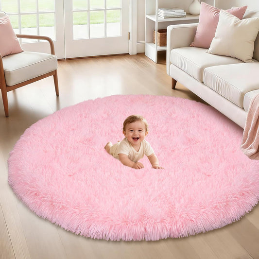 Pink Round Rug for Bedroom: Soft Fluffy Shag Washable Rug Fuzzy Circle Rugs Plush Indoor Carpet for Living Room Nursery Playroom Girls Boys Kids Room (Pink, 4'x4')