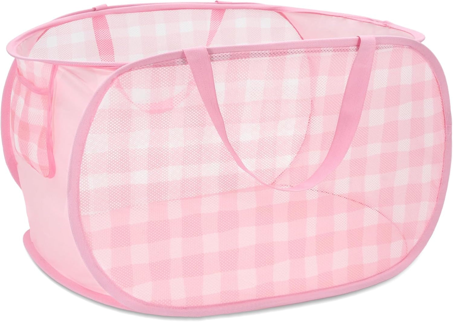 Sturdy Collapsible Laundry Baskets - Pop Up Laundry Hampers with Handy Pocket, Foldable Clothes Hamper with Reinforced Carry Handles for Bathroom, Kids Room, Dorm or Travel - Check Print, Pink