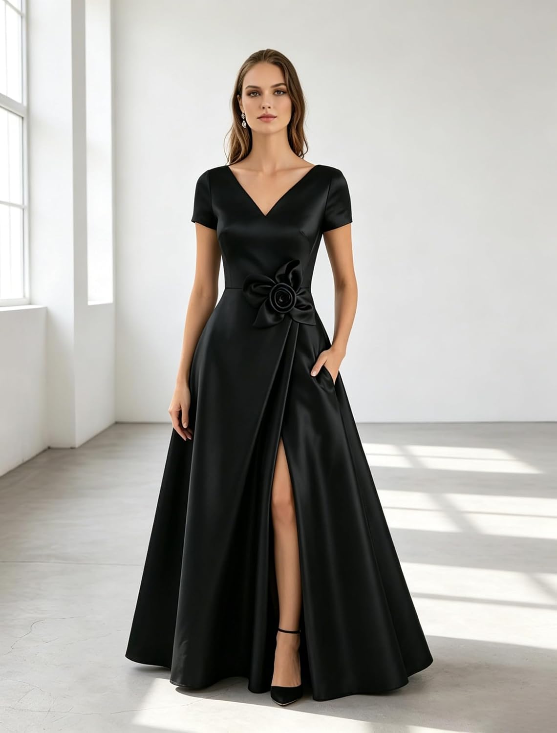Short Sleeve Prom Dresses for Women 3D Flower Satin Formal Evening Gown with Slit V Neck Long Mothet of The Bride Dress