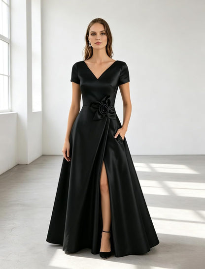 Short Sleeve Prom Dresses for Women 3D Flower Satin Formal Evening Gown with Slit V Neck Long Mothet of The Bride Dress