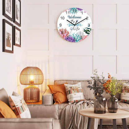 Underwater Coastal Wall Clock Battery Operated Non-Ticking 12" Round Wood Clocks, Summer Ocean Pink Plaid Corals Kitchen Wall Clock for School Bathroom Living Room Home Office Wall Decor