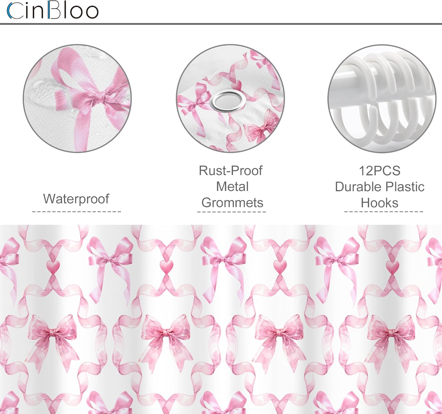 4Pcs Pink Bow Shower Curtain Set, Retro Coquette Preppy Modern Fashion Pretty Sweet Girly Bathroom Curtain with Rug, Toilet Lid Cover, Bath Mat, Aesthetic Shower Curtain with 12 Hooks