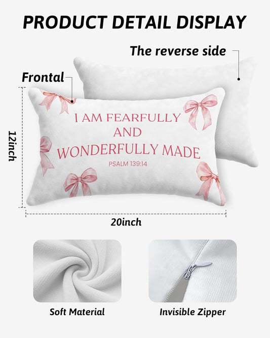Coquette Pink Bow Christian Pillow Covers 12x20, Christian Room Home Decor, Coquette Room Decor, Psalm 139:14 Religious Bible Verse Decorative Lumbar Pillow Covers