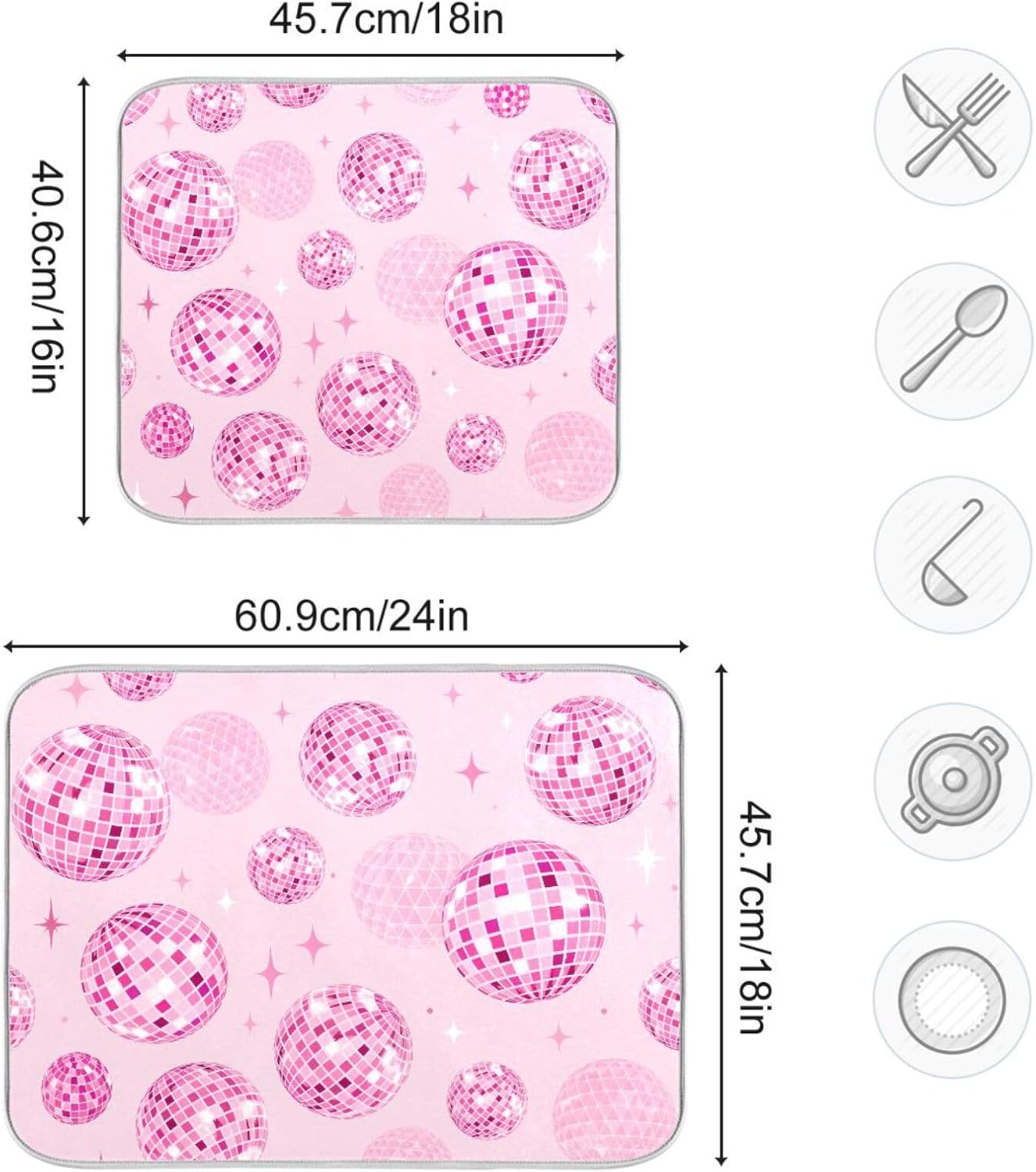 Disco Balls Pink Dish Drying Mat for Kitchen Counter Absorbent Microfiber Drying Pad, Medium 16x18 in, Reversible Drainer Mats