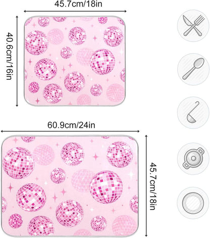 Disco Balls Pink Dish Drying Mat for Kitchen Counter Absorbent Microfiber Drying Pad, Medium 16x18 in, Reversible Drainer Mats