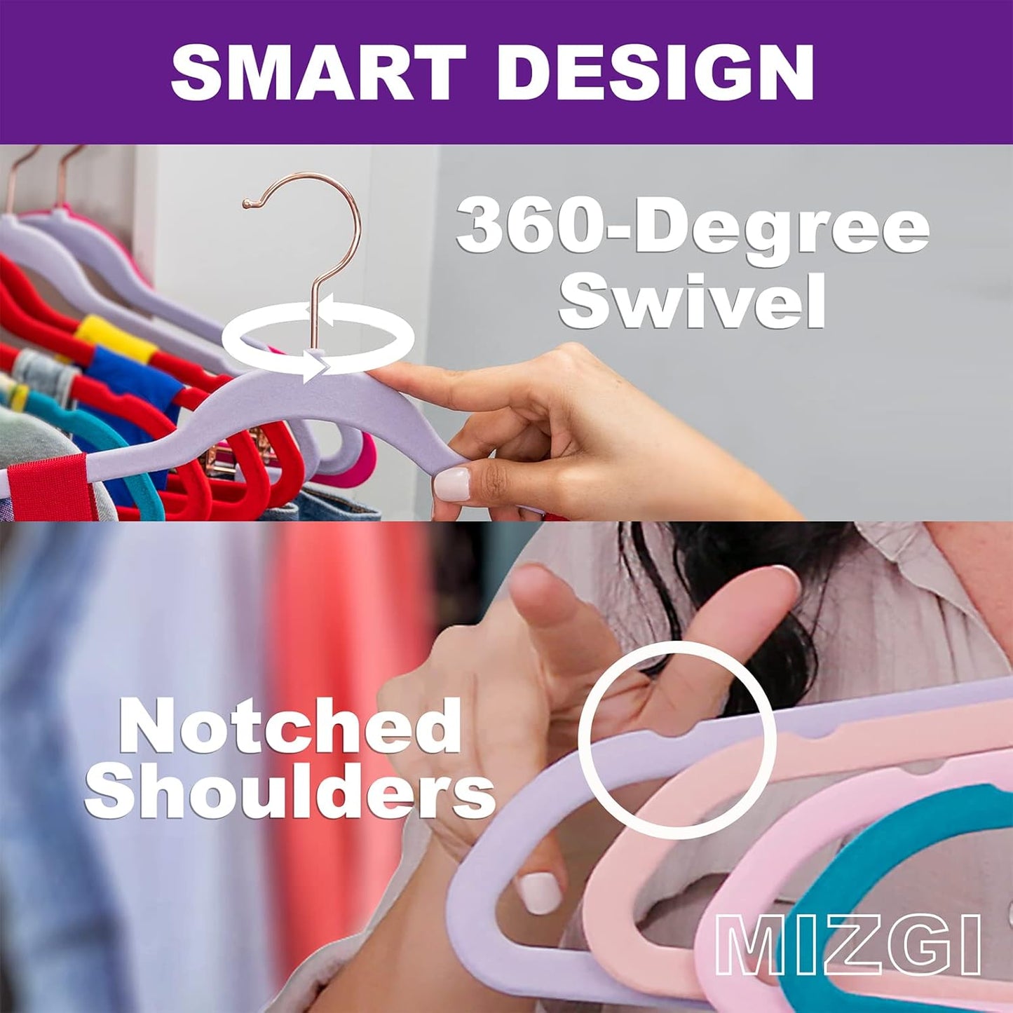 MIZGI Premium Velvet Hangers (50 Pack) Heavy Duty - Non Slip Felt Hangers - Blush Pink - Rose Gold 360 Degree Swivel Hooks,Space Saving Clothes,Durable Strong for Suits,Coats,Dress